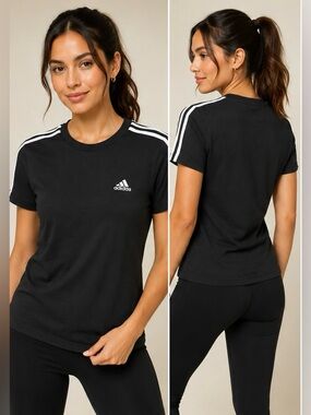Adidas Womens Medium Black 3 Stripe Athletic Tee Shirt White Logo Activewear